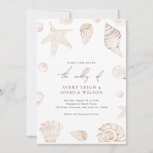 Waterverf Zeeschelpen & Parels Nautische bruiloft Kaart (Voorkant)