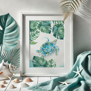Waterverf Zeeschildpad en Monstera Bladeren Poster