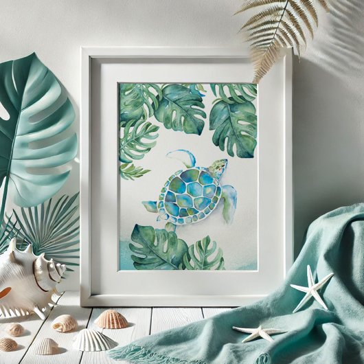 Waterverf Zeeschildpad en Monstera Bladeren Poster