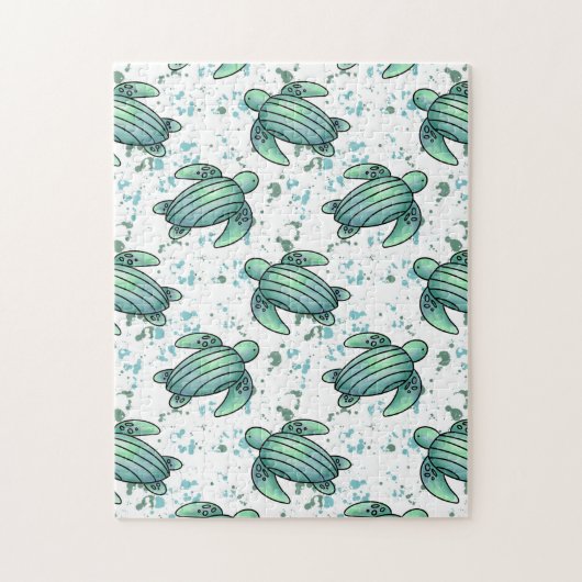 waterverf zeeschildpad groen blauw patroon dier legpuzzel (Verticaal)
