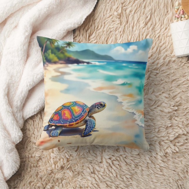 Waterverf Zeeschildpad Op Een Strand Kussen (Deken)