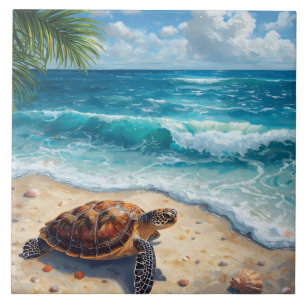 Waterverf Zeeschildpad op Zandstrand in de Tropen  Tegeltje