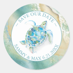 Waterverf Zeeschildpad & Strand Envelopezegel Ronde Sticker