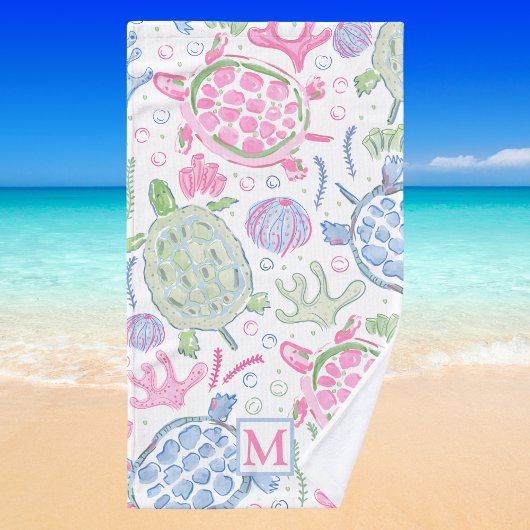 Waterverf Zeeschildpadden Kust Preppy Monogram  Handdoek