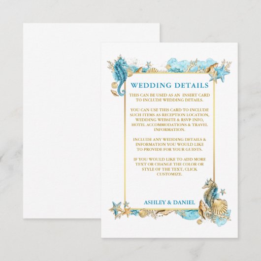 Waterverf Zeeshells Coral Blue Wedding Details Informatiekaartje (Voorkant / Achterkant)