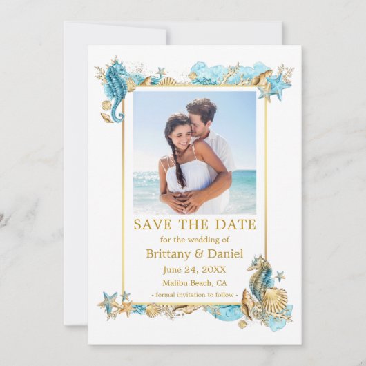 Waterverf Zeeshells Coral Coastal Blue Gold Save The Date (Voorkant)