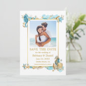 Waterverf Zeeshells Coral Coastal Blue Gold Save The Date (Staand voorkant)
