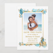 Waterverf Zeeshells Coral Coastal Blue Gold Save The Date (Voorkant / Achterkant)