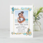 Waterverf Zeeshells Coral Coastal Blue Save The Date (Staand voorkant)