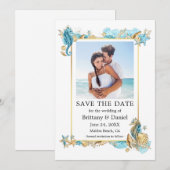 Waterverf Zeeshells Coral Coastal Blue Save The Date (Voorkant / Achterkant)