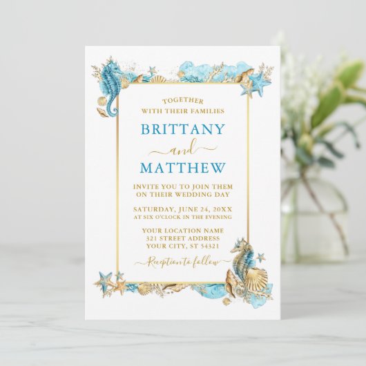 Waterverf Zeeshells koraal - blauwe bruiloft Kaart (Staand voorkant)