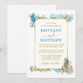 Waterverf Zeeshells koraal - blauwe bruiloft Kaart (Voorkant / Achterkant)