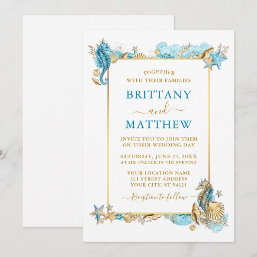 Waterverf Zeeshells koraal - blauwe bruiloft Kaart (Voorkant / Achterkant)