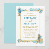Waterverf zeeshells koraalkust bruiloft blauw kaart (Voorkant / Achterkant)