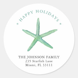 Waterverf Zeester Gelukkig vakantie adres  Ronde Sticker