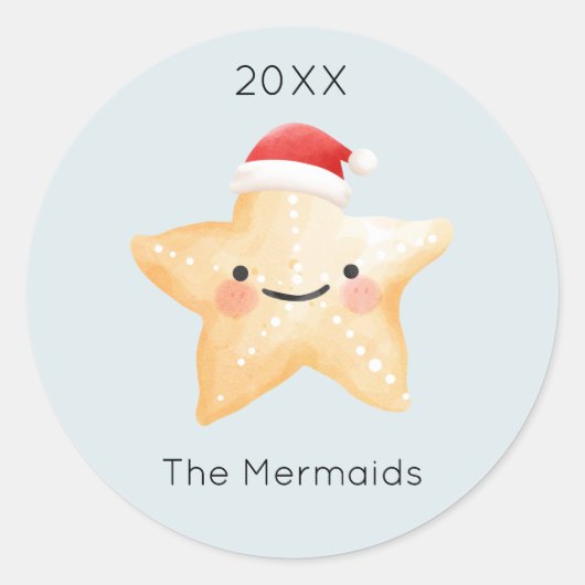Waterverf zeester kerstman ronde sticker (Voorkant)