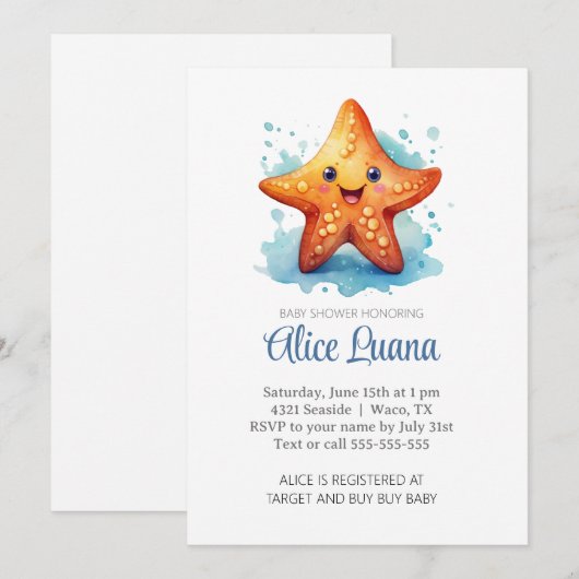 Waterverf Zeester Onder het Zee Baby shower Kaart (Voorkant / Achterkant)