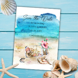 Waterverf Zeester & Schelpen Strand Bruiloft Save The Date