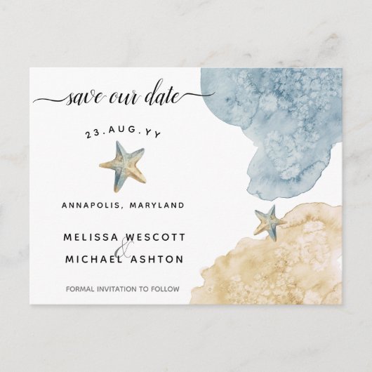 Waterverf Zeesterren Kust Save Our Date Aankondigingskaart (Voorkant)