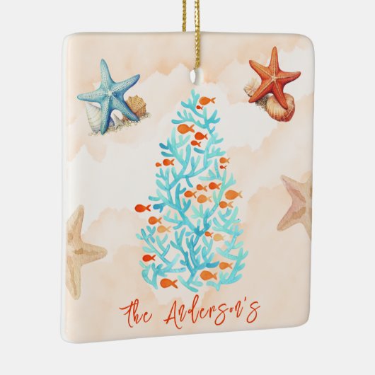 Waterverf zeesterren schelpen zandstrand kerst keramisch ornament (Rechts)