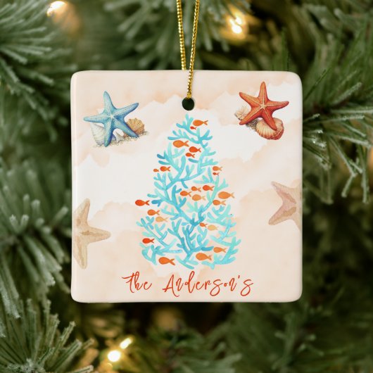 Waterverf zeesterren schelpen zandstrand kerst keramisch ornament (Boom)