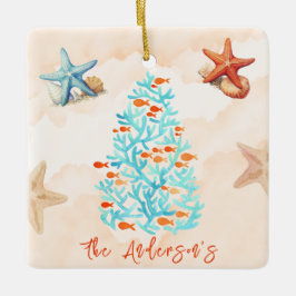 Waterverf zeesterren schelpen zandstrand kerst keramisch ornament