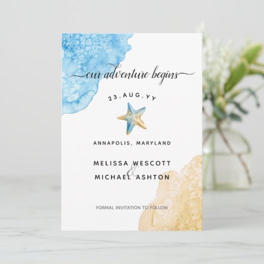 Waterverf zeesterren strand moderne kustbruiloft save the date (Staand voorkant)