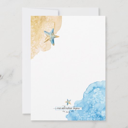 Waterverf zeesterren strand moderne kustbruiloft save the date (Achterkant)