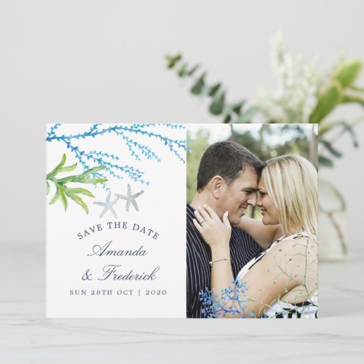 Waterverf zeewier Beach Weddenschap Save the Date (Staand voorkant)