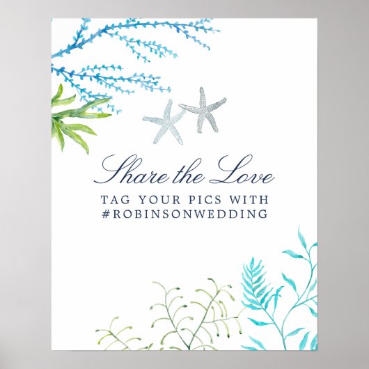 Waterverf Zeewier Strand Bruiloft Hashtag Poster (Voorkant)