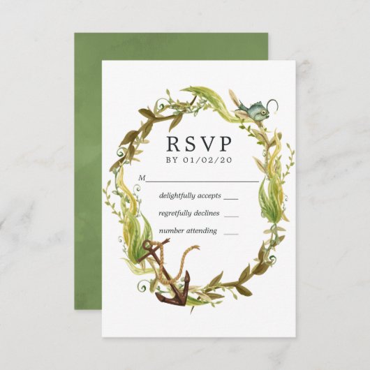 Waterverf Zeewier Strand Thema Trouwen RSVP Kaartje (Voorkant / Achterkant)