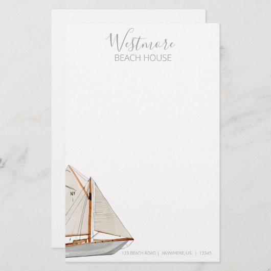 Waterverf Zeilboot Beach House Briefpapier (Voorkant / Achterkant)