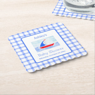 Waterverf Zeilboot Blauwe Check Baby Shower Kartonnen Onderzetters