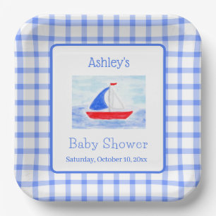 Waterverf Zeilboot Blauwe Controle Baby Shower Papieren Bordje