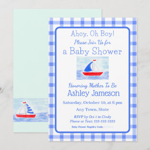 Waterverf Zeilboot Blue Check Baby shower Kaart