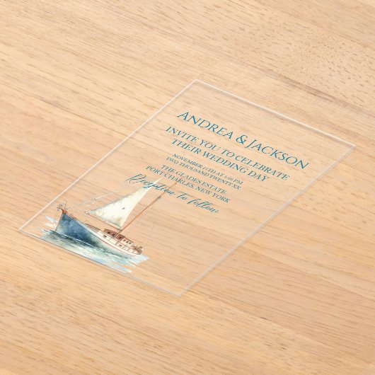 Waterverf zeilboot bruiloft acryl uitnodigingen (Laagn)
