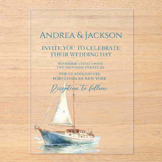 Waterverf zeilboot bruiloft acryl uitnodigingen (Voorkant)