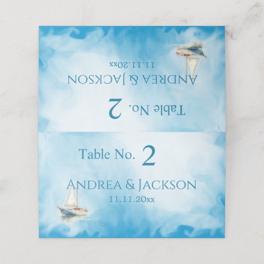 Waterverf zeilboot bruiloft plaatskaartje (Buitenkant ongevouwen)