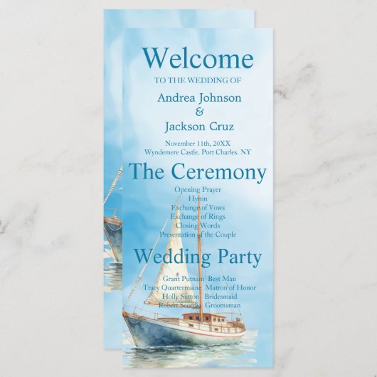 Waterverf zeilboot bruiloft programma (Voorkant / Achterkant)