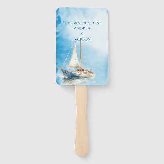 Waterverf zeilboot bruiloft programma handwaaier (Achterkant)