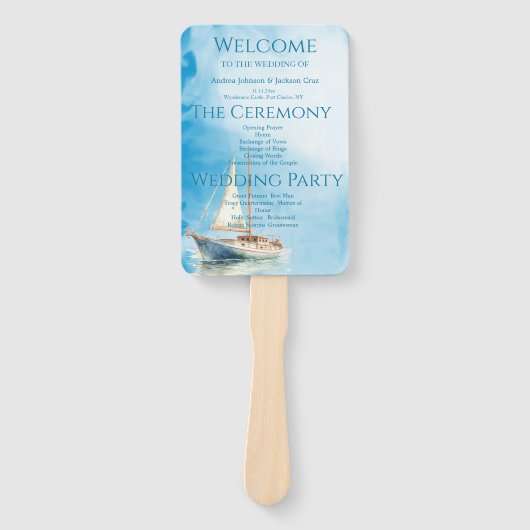 Waterverf zeilboot bruiloft programma handwaaier (Voorkant)