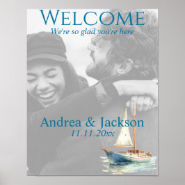 Waterverf zeilboot bruiloft welkomstfoto poster