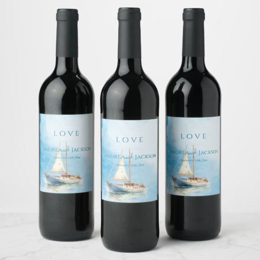 Waterverf zeilboot bruiloft wijn etiket (Flessen)