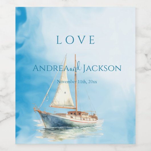 Waterverf zeilboot bruiloft wijn etiket (Enkel label)