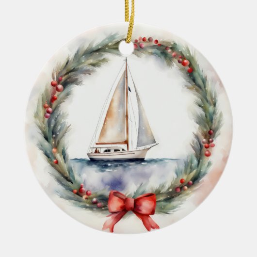 Waterverf zeilboot in een kerstkrans keramisch ornament (Voorkant)