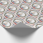 Waterverf zeilboot in kerstkrans cadeaupapier (Hoek)