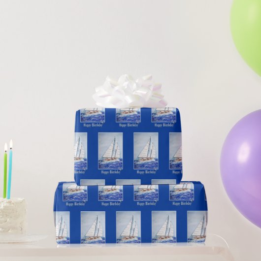 Waterverf Zeilboot met blauw Lijst Cadeaupapier (Feestgeschenken)
