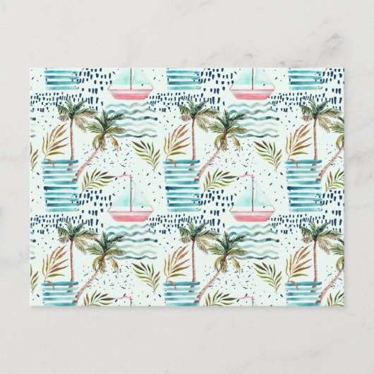 Waterverf Zeilboot met palmboompatroon Briefkaart (Voorkant)