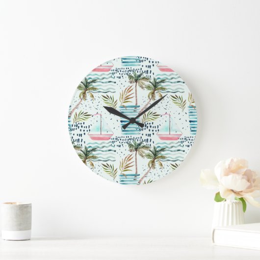 Waterverf Zeilboot met palmboompatroon Grote Klok (Huis)