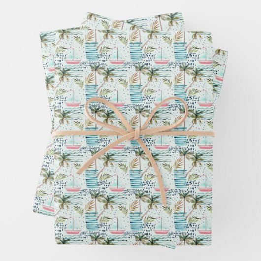 Waterverf Zeilboot met palmboompatroon Inpakpapier Vel (In situ)